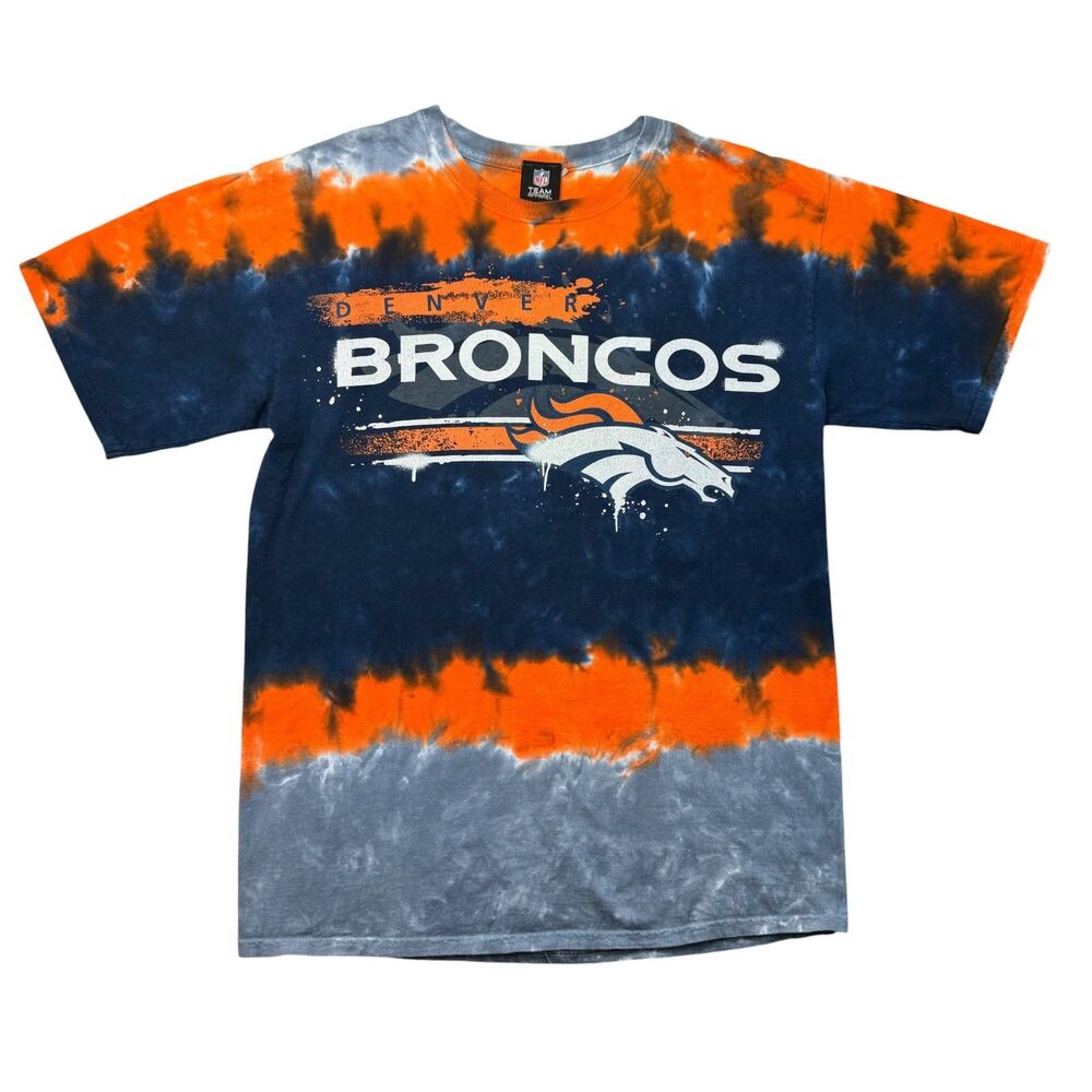 Denver Broncos Shirt Mens Large Orange Blue Short Sleeve Tie Dye NFL Top Stretch